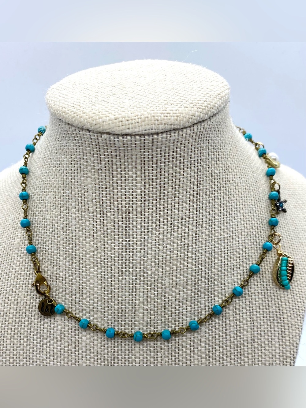 Blue Gold Beaded Necklace Beach Charms Boho Y2K Summer Preppy Eclectic Festival - Picture 5 of 15